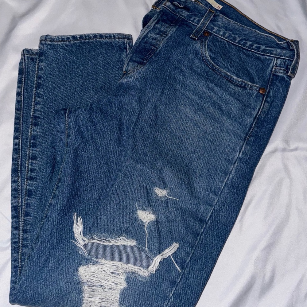 Levi's Blue Straight Leg Jeans with Distressed Detail
